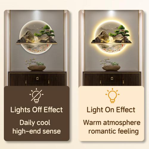 Zen LED Wall Art, Fish Wall Painting Decor with Led Light, Welcoming Pine Wall Decor Art, 3D Landscape Wall Sculpture Decoration, for Living Room Bedroom Office Entrance (B, 60×72cm)