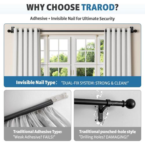 No Drill Curtain Rod for Windows 25 to 86 Inch - 2.0 Dual-Fix Adhesive & Invisible Nail, 5/8 Adjustable Black Curtain Rod No Drilling, Renter Friendly for Apartments & Dorms
