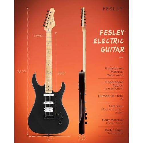 Fesley 39 Electric Guitar, Full Size Solid Body Electric Guitars For Beginner, ST Style, Maple Neck/Fretboard, Electric Guitar Kit With HSS Pickup, Gig Bag, Matte, Morandi Black