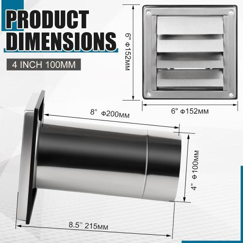Shimeyao 4 Wall Vent Cover Stainless Steel Outside Dryer Vent Covers for House Exhaust Duct Kit with Removable Extension Pipe 8 Inch and 4 Screw for House Outdoor Extended Air Pipe, Silver