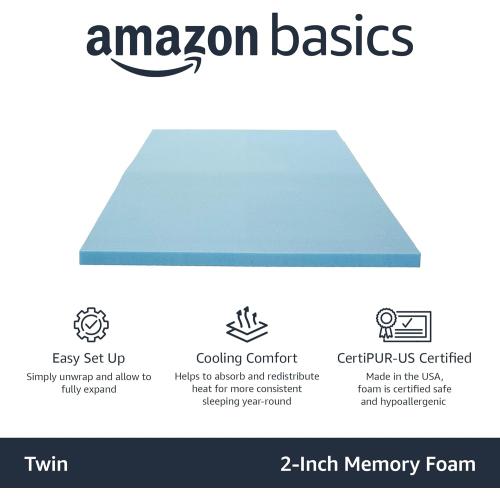 Amazon Basics Twin Mattress Topper, Cooling Gel-Infused, CertiPUR-US Certified, 2 Inches, Blue