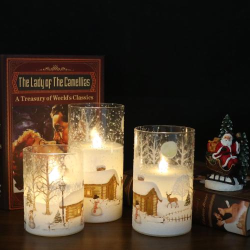 DRomance Snowman Glass Flameless Candles Battery Operated with Remote and Timer Real Wax LED Flickering Pillar Candles White Cold Light Window Christmas Holiday Decor D3 x 4,5,6