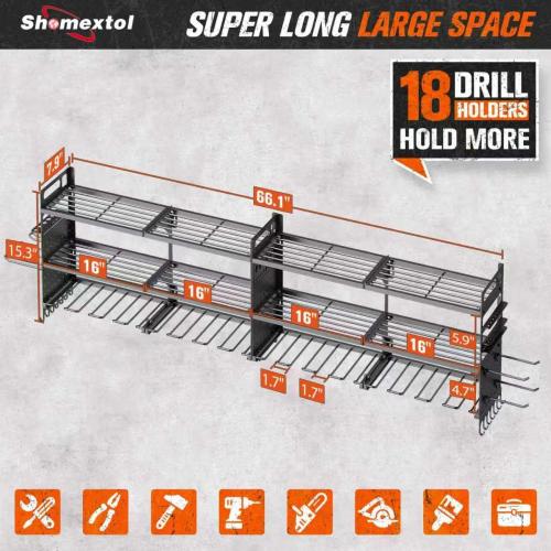 2-Pack Large Power Tool Organizer Wall Mount,Heavy Duty Cordless Tool Organizer with 18 Drill Holder,600 Lbs Capacity 3-Layer Garage Organization for Garage and Workshop (Black)