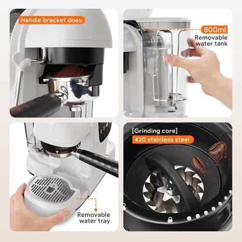 RECAFIMIL Semi-Automatic Espresso Machine with Grinder, 20 Bar, Compact Professional Coffee Maker with Milk Frother, Latte & Cappuccino, Perfect for Home Use, White