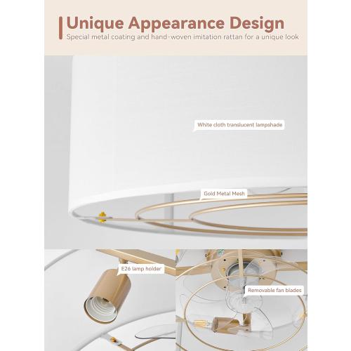 Low Profile Ceiling Fans with Lights, 20 Boho Rattan Ceiling Fan with Light Flush Mount and Remote Control, Drum Caged with 6 Speeds for Bedroom, Nursery, Living Room