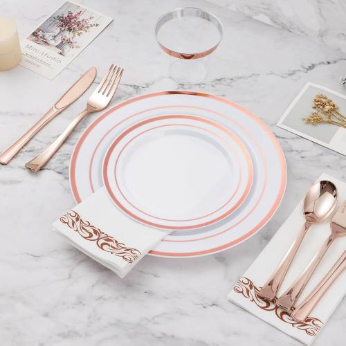 BESTVIP 700PCS Rose Gold Disposable Dinnerware Set for 100 Guests, Plastic Plates for Party, Wedding, Christmas, Include: 200 Plastic Plates, 100 Gold Silverware, 100 Cups, 100 Napkins