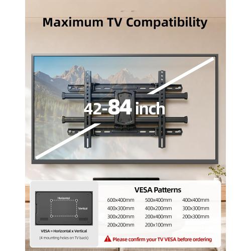 USX MOUNT UL Listed TV Wall Mount for 42-84 TVs up to 110lbs and 8-24 Wood Studs, TV Mount with Tilt, Swivel & Extension, Wall Mounts Bracket with Dual Articulating Arms, Max VESA 600x400mm