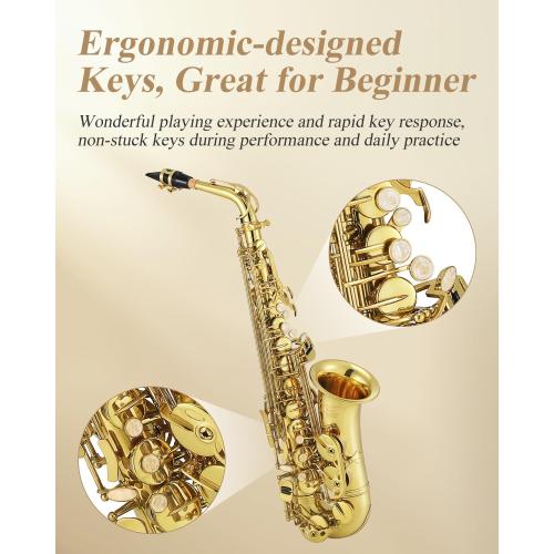 Eastar Professional Alto Saxophone Golden E Flat Eb with Cleaning Kit, Carrying Case, Mouthpiece, Neck Strap, Reeds, Stand, AS-Ⅲ