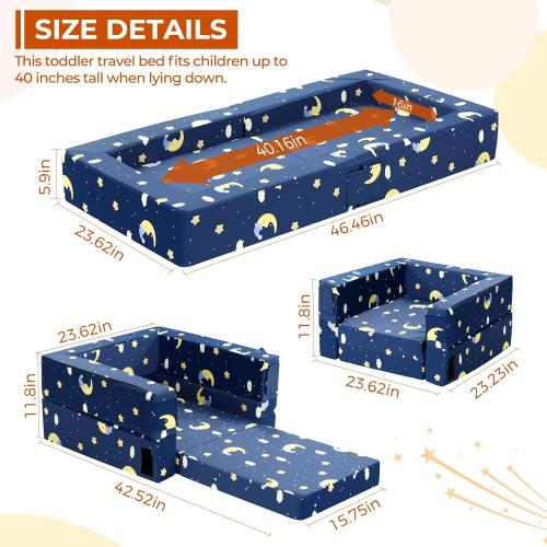 Portable 3-in-1 Toddler Travel Sofa, Soft Fabric&High-Density Foam | Easy-Clean Machine Washable Cover with Moon Star Cloud Print for Camping & Indoor/Outdoor Use - Blue