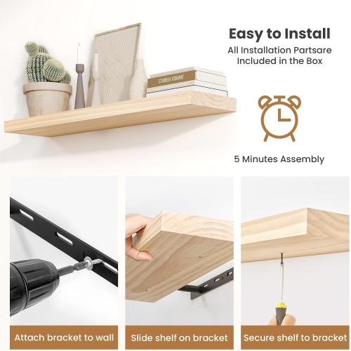 Fun Memories Wood Floating Shelves Set of 2, Rustic Pine Wood Floating Shelves for Wall Mounting, Wide Wall Shelf for Home Decor and Storage, 16 W x 7 D, Natural Unfinished, DIY Stain