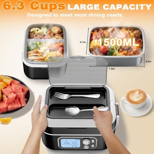 6.3-Cup Cordless Electric Lunch Box for Adults, 27000mAh Heated Lunch Box For Men Battery Powered with Automatic Heating, 100W Self-Heating Portable Food Warmer for Hot Meals Anywhere, Black
