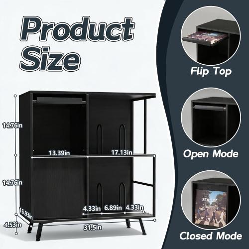 Faesun 3 Tier Flip Top Record Player Stand, Vinyl Record Storage Holds up to 300  Albums, Large Record Player Cabinet, Vintage Turntable Stand with Vinyl Display, for Living Room Bedroom, Black ‼️used product ‼️has some mild color peeling and bent wood‼️