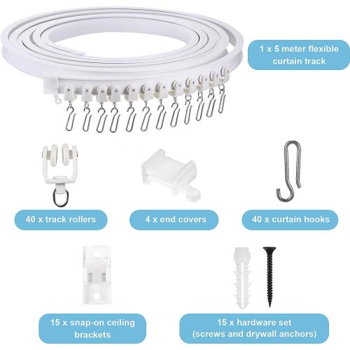 WHITE Jetec Flexible Bendable Ceiling Curtain Track, 9.8ft/16.4ft(5m), Ceiling Mount for Curtain Rail with Track, Room Divider(5 m,White)