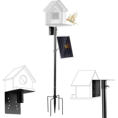 Bird House Pole Kit, Heavy-Duty Adjustable Pole for Outdoors with 5 Prongs Base,Metal Universal Support Pole for Bird Feeders,Solar Pannel,Black