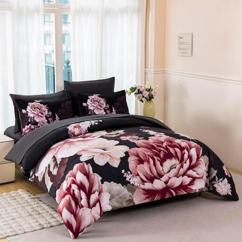 Black-Gray Floral Comforter Set Queen Size 7 Pieces Peony Bed in A Bag Ornate Elegant Botanical Flower Bedding Set for Women Home Decor(Black-Gray, Queen)