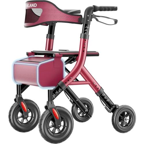 HOMLAND Foldable Rollator Walkers for Seniors with Seat, 10 All-Terrain Wheels & Curb Climber, 16.4 lb Lightweight Walker with Lockable Brakes, 300 lbs Capacity, Burgundy