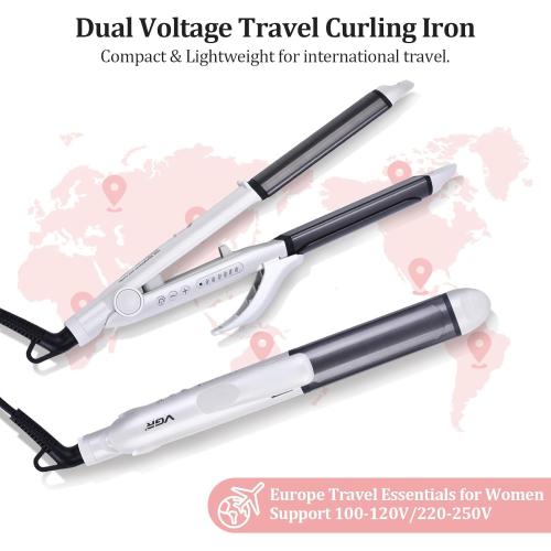 VGR Dual Voltage(100~250V) Travel Curling Iron with European Plug Adapter for International Travel, Europe Travel Essentials for Women, European Travel Must Haves
