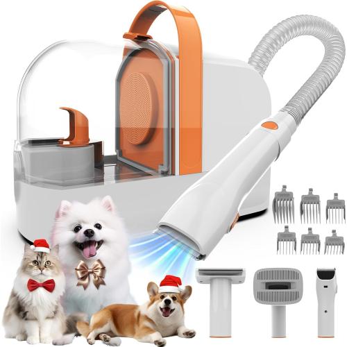 Color White and Orange Dog Grooming Vacuum, Dog Grooming Kit with Pet Clippers, 12,000Pa Pet Hair Grooming Vacuum for Dogs, Vacuum Brush for Shedding Grooming, Low Noise Home Cleaning Tool in 1, PG10