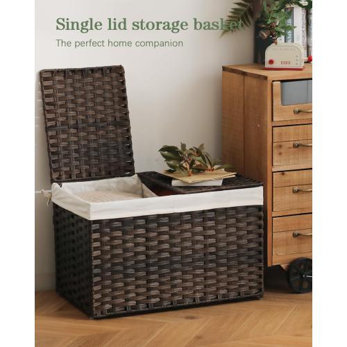 SETVSON Storage Basket with Lid Wicker Baskets for Storage with 2 Separate Lid 42.3 Gallon (160 L) 29.9 x 17.3 x 18.1 Inches Rattan Woven Large Wicker Basket with 2 Liners for Bedroom Laundry Brown