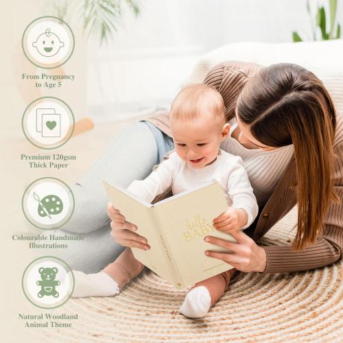 Lanpn Hello Baby First 5 Year Memory Book for Boy Girl - Linen Hardcover Keepsake for New Parents - Newborn Journal Scrapbook Photo Album Milestone Book (Blue, 154 Pages)
