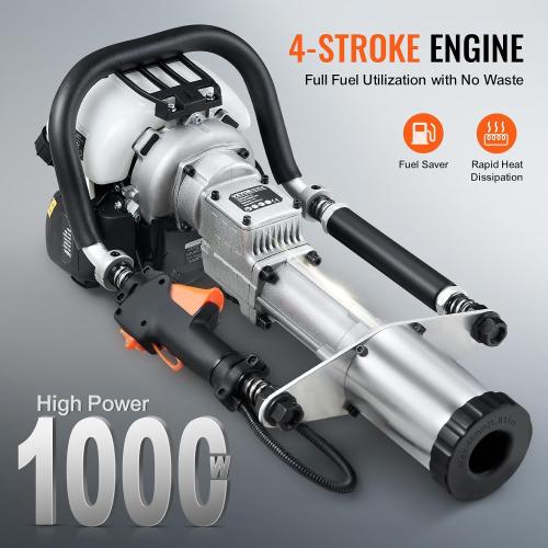 VEVOR 37.77cc Gas-Powered T Post Driver, 4-Stroke Engine Gasoline Fence Piling Pounder, with 3 Post Driving Head(45/55/88 mm), 1000W Portable Piledriver For Farm, Ranch Fencing, Road Improvements