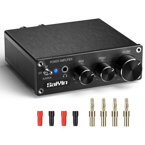 Saiyin Power Amplifier Home Audio, 80W x 2 Stereo Bluetooth Amplifier Receiver 2.0 Channel Mini Hi-Fi Class D Integrated Amp with Headphone Jack, Bass/Treble Control for Home Speakers