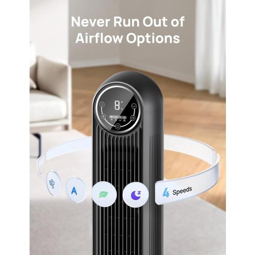 Dreo Tower Fan for Bedroom, 25ft/s Velocity Quiet Floor Fan, 90° Oscillating Fans for Indoors with 4 Speeds, 4 Modes, 8H Timer, Standing Fans, Bladeless Fan, Black, Nomad One (DR-HTF007)