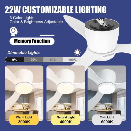VACILL Low Profile Ceiling Fan with Light and Remote, 52 Inch Flush Mount White Ceiling Fan, Quiet Reversible DC Motor, 6 Speed, 3 Color Dimmable LED, 3 Blades for Bedroom Living Room