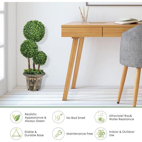 Artificial Boxwood Topiary Tree, 2.5ft Triple Ball Shaped Faux Topiary Tree w/Weighted Pot, Metal Frame, Fake Green Potted Plants Decoration for Indoor/Outdoor/Home/Office, Set of 2