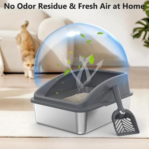 Stainless Steel Litter Box, Metal Kitty Litter Box with Scoop, Anti-Leakage Top Entry, Non-Sticky, Easy to Clean