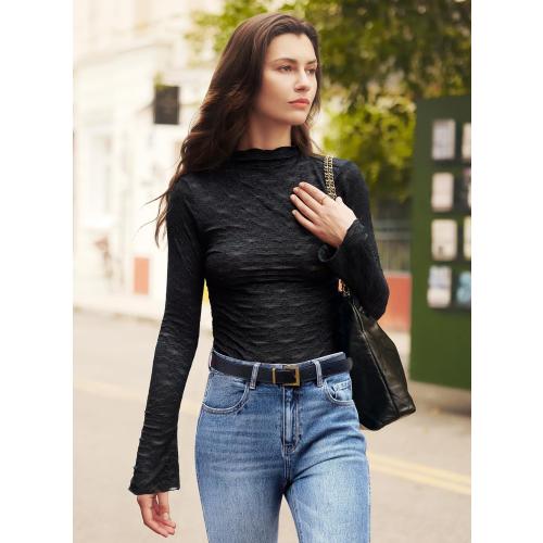 Size M MIHOLL Womens Lace Tops Long Sleeve Mesh Sheer Tops Mock Neck See Through Floral Shirt Blouses