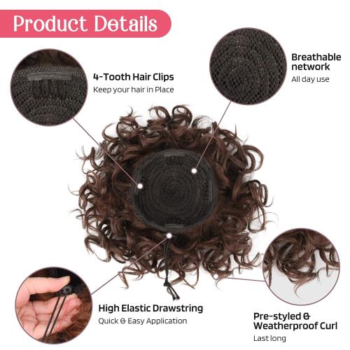 Color Brown HOOJIH Curly Hair Bun, Elastic Drawstring Loose Wave Messy Bun 1PC Large Full Hair Bun Extension Hairpiece Short Synthetic Ponytail Extension for Women - Medium Cool Beige Brown