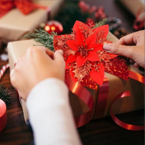 SPORTYOUTH 30 Pcs Red Poinsettia Artificial Christmas Flowers with Clips Stems, 5.5 Xmas Tree Decoration Ornaments Glitter Poinsettias Flower for Wreath Garland New Year Holiday Wedding Home Party