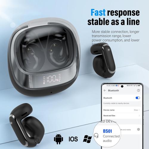 Clip On Ear buds, Open Ear Headphones, Bluetooth 5.4 HiFi Stereo Clip Earbuds, 42H, LED Display Wireless EarBuds, Comfortable Lightweight, IP7 Waterproof Earphones, Earbud for Workout Running, Black