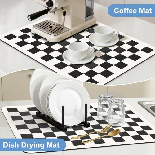 Clinuse Coffee Mats, 24x16 Checkered Dish Drying Mat for Kitchen Counter, Quick Dry Mat, Diatomite Absorbent Aesthetic Large Drying Mats for Coffee Bar - Black White