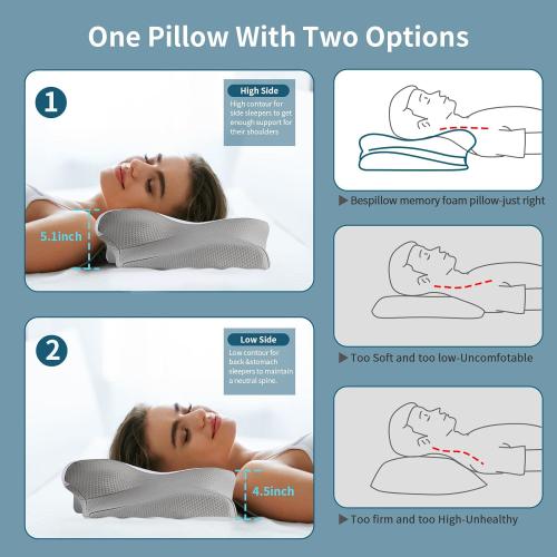 White and Grey Neck Pillow Cervical Memory Foam Pillows, Cooling Contour Pillow for Neck Pain Relief, Ergonomic Orthopedic Bed Pillow for Side Back Stomach Sleepers with Breathable Pillowcase