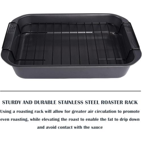 Bakeware Nonstick Roaster, Nonstick Roasting Pan with Rack, Great For Roast Chicken, Roasts And Turkeys - 15 Inch x 11 Inch (5.8 QT), Gray