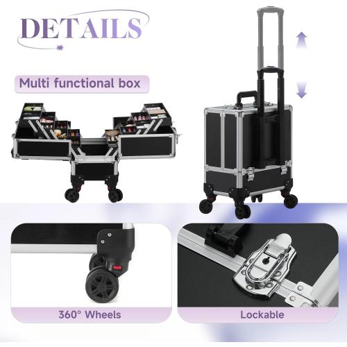 Leeora&Leekoo High-Capacity Multilayer Portable Nail Case for Nail Tech Organizer with Wheels - Lockable Makeup Case Organizer, Cosmetic Case, Makeup Train Case (Black)