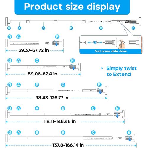 Tension Curtain Rod，40-166IN(3.33-13.83Ft) 2PCS One-Click Fast Extension Rod Easy to Install Black Long Outdoor Curtain Rods No Drilling Never Rust
