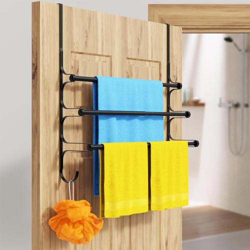 Over The Door Towel Rack, Extendable Triple Towel Storage Holder with Hooks, 24.02 Inches Towel Bar Hanger Towel Racks for Bathroom (Black)
