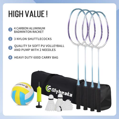 Outdoor Volleyball & Badminton Combo Net Set for Backyard, Beach with 2 Nets, Adjustable Poles, 4 Aluminum Rackets, PU Volleyball, Portable Carry Bag