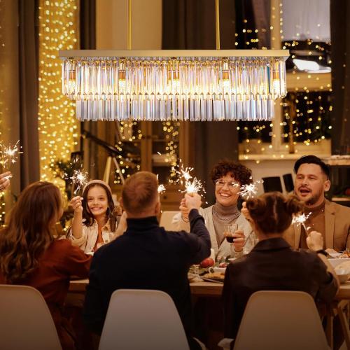 Siljoy 10-Light Rectangle Gold Crystal Chandelier for Dining Room Modern Rectangular 2 Tiers Crystal Raindrop Chandelier Linear Pendant Ceiling Light Fixture for Kitchen Island L40'' x W10'' x H10''