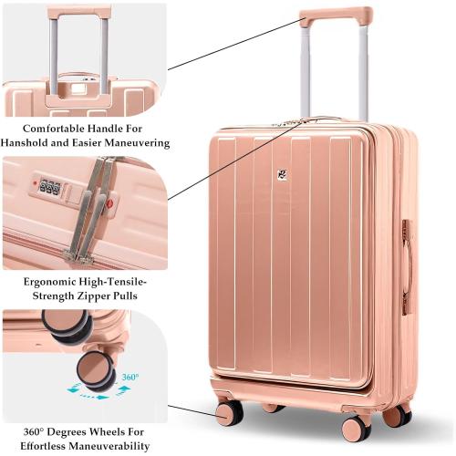 Gets Carry on Luggage Airline Approved,20 Inch Abs Pc Hardshell Spinner Luggage With Cup Phone Holder and USB Charger,Front Pocket Durable Suitcase for Women Men-Pink( has a crack by the side handle)
