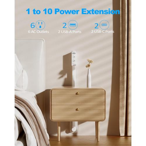 Olcorife Outlet Extender Stick, Power Strip with 6 Outlets & 4 USB Ports, Extends 22-34, Rotates 180°(90° per Side), Home Dorm Essential for Nightstand, Couch and Desk
