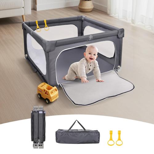 Color Grey Foldable Baby Playpen, Play Pens for Babies and Toddlers, Indoor & Outdoor Portable Kids Safety Fence with Gate, Easy Setup Play Yard with 360° Visible Mesh and Carrying Bag, Grey