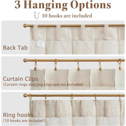 jinchan Linen Pinch Pleated Kitchen Curtains 24 Inch 2 Panels Natural Linen Tier Curtains Back Tab Beige Farmhouse Cafe Light Filtering Small Window Drapes for Bathroom Laundry Room Beige