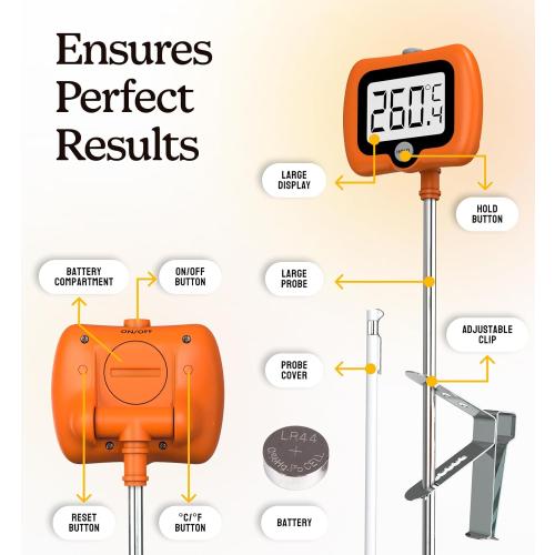 Digital Candy Thermometer with Pot Clip, Instant Read Kitchen Thermometer for Cooking, Baking, and Candy Making – 10 Stainless Steel Probe, LCD Display, Essential Baking Tool
