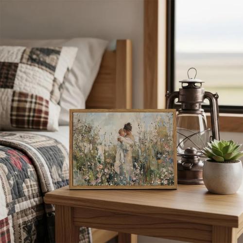 Mother Holding Child Wall Art Vintage Motherhood with Baby Wall Decor Painting Cottage Country Nursery Sign Poster Canvas Print for Kids Bedroom Living Room 24x16 inch Wood Framed