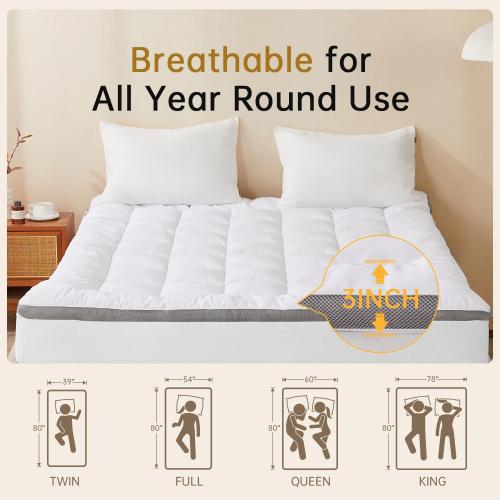 Queen Size Mattress pad inch 60*80 inches Stretchable Pockets, Soft Pillow Top Mattress Pad for Back Pain Relief with Breathable Air Mesh Sides