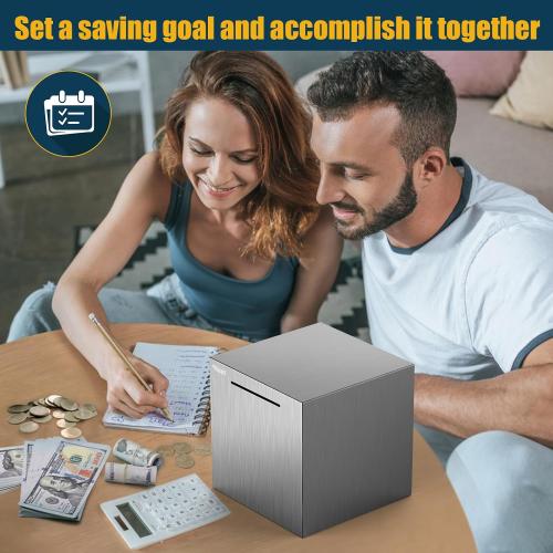 hicocool Piggy Bank for Adults Password Stainless Steel Reusable Piggy Bank, Metal Money Box with Lock, Unbreakable Money Saving Box for Cash Saving(7.9 inch, Silver)